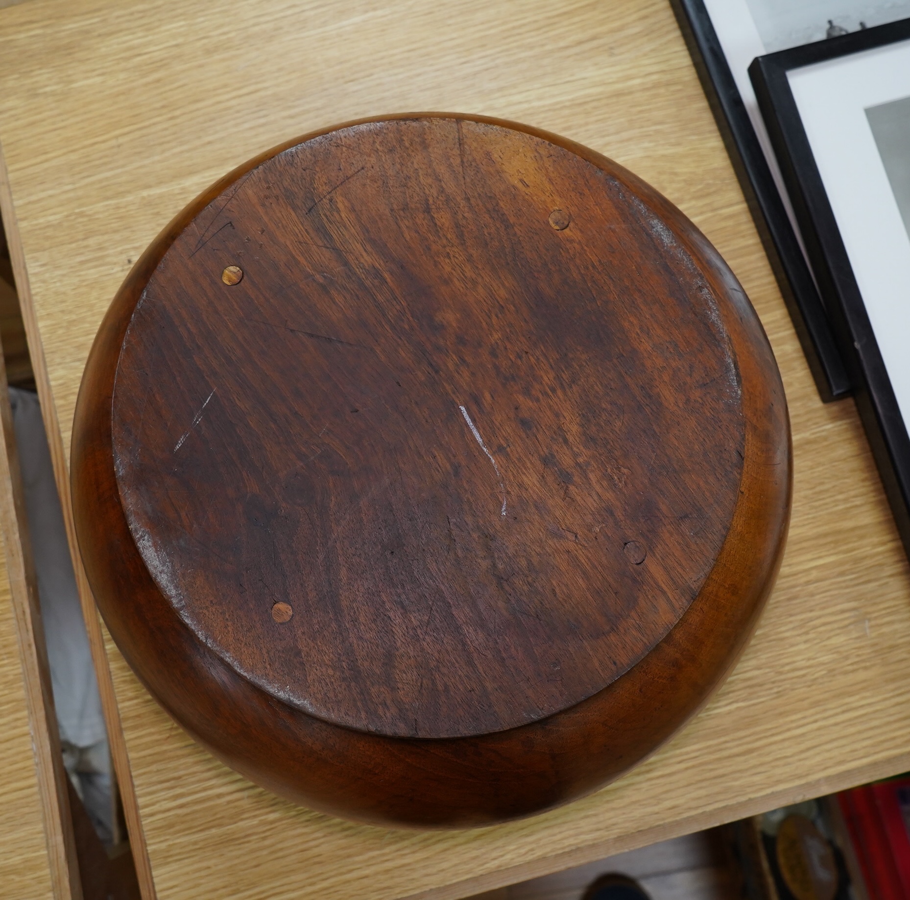 A large turned walnut bowl, carved from the solid, 38cm diameter. Condition - good